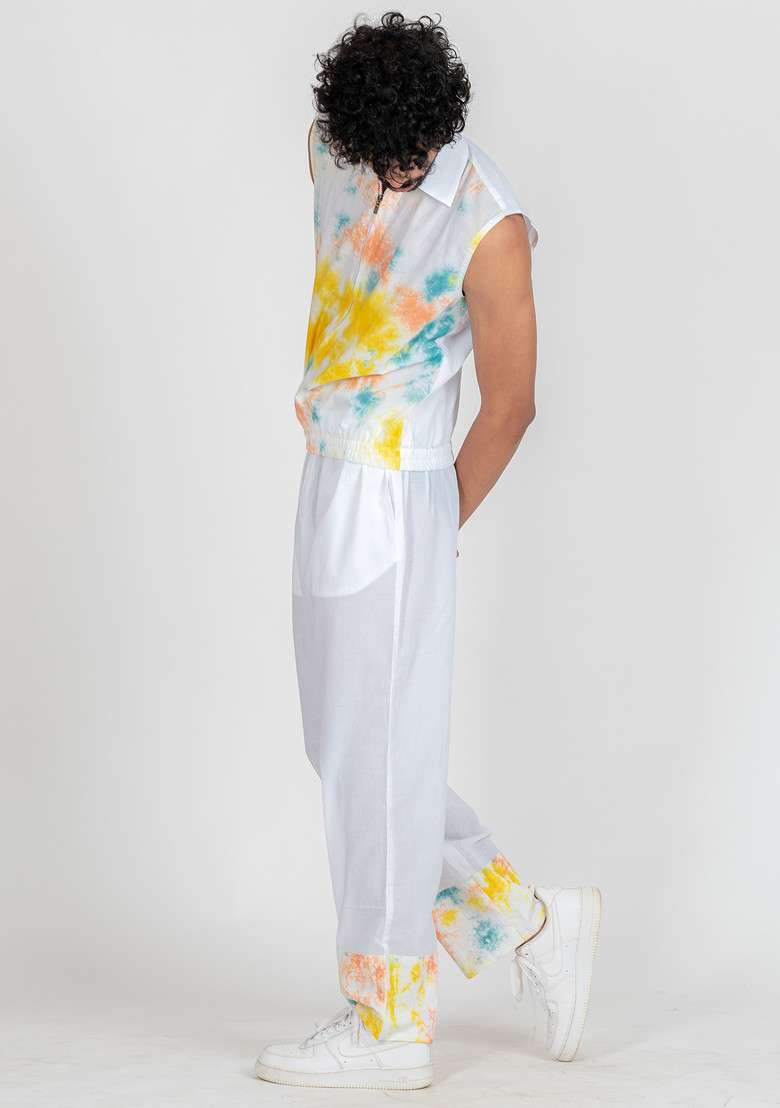 Light Blue Tie And Dye Print Summer Storm Pajama For Men - Indya