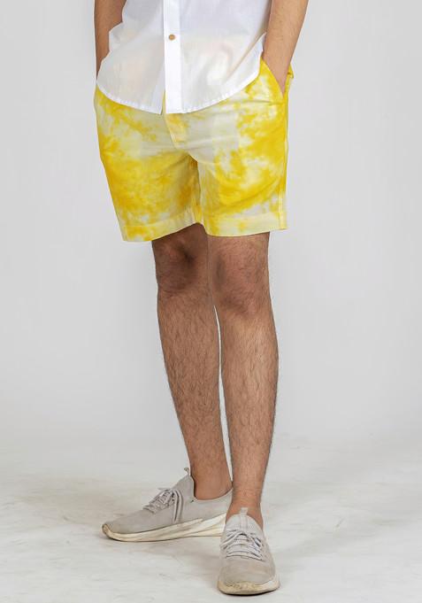Yellow Tie And Dye Print Summer Sun Shorts For Men