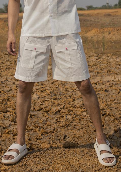 White Hand Embroidered Shorts For Men