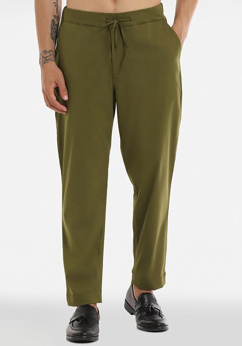 Olive Green Cotton Lycra Pyjama Trousers For Men