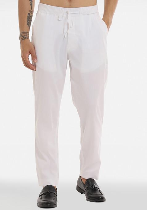 White Cotton Lycra Pyjama Trousers For Men