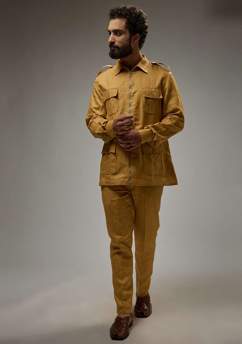 Mustard Linen Zipper Co-Ord Set For Men - Indya