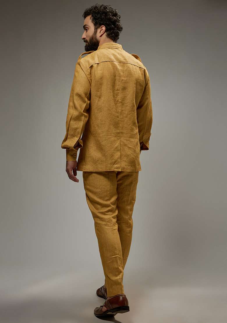 Mustard Linen Zipper Co-Ord Set For Men - Indya