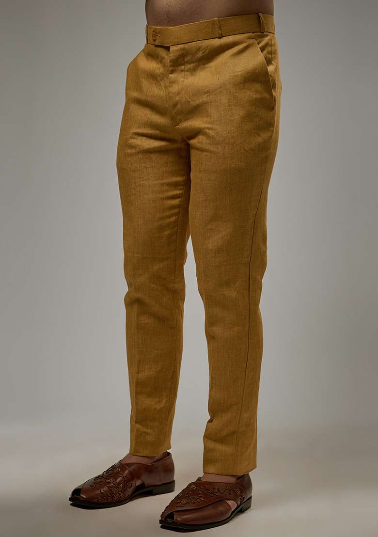Mustard Linen Zipper Co-Ord Set For Men - Indya