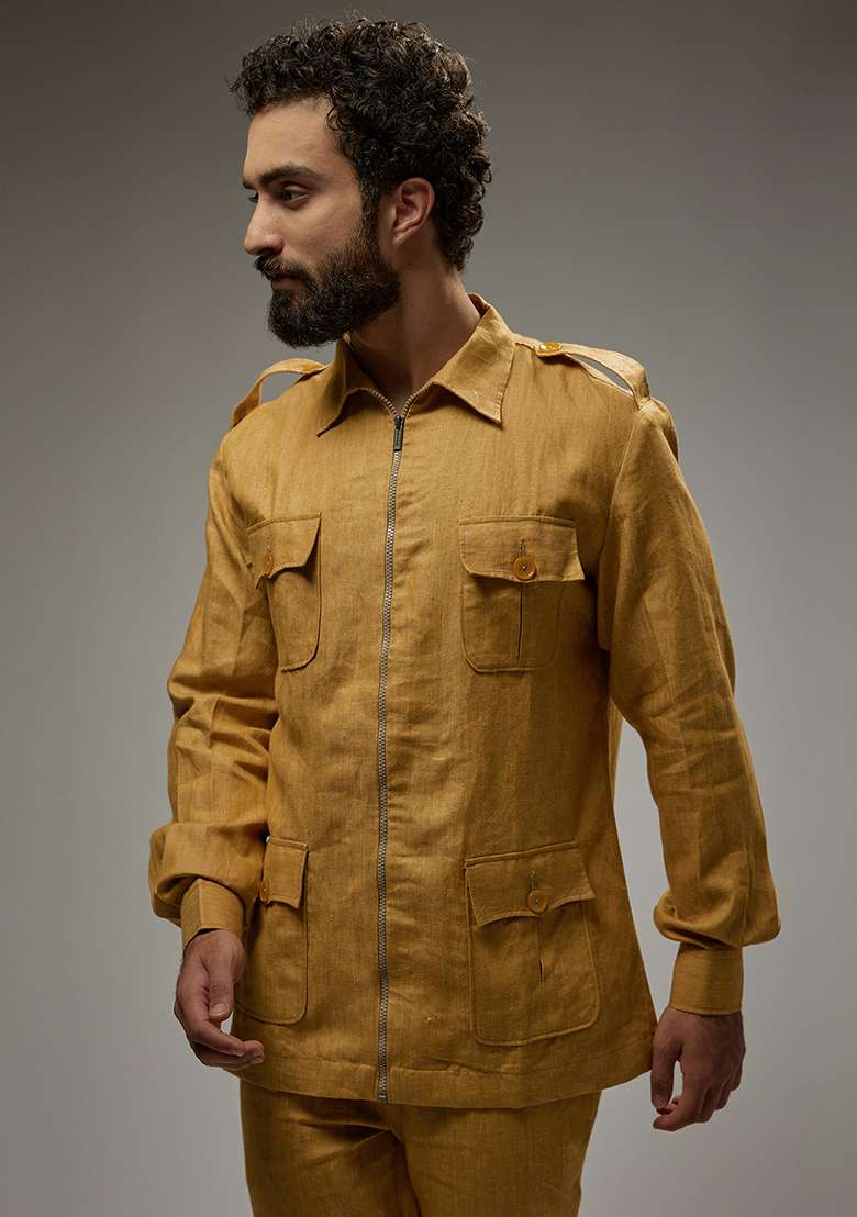 Mustard Linen Zipper Co-Ord Set For Men - Indya