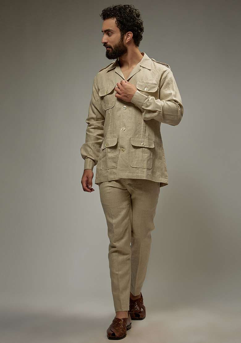 Ivory Linen Co-Ord Set For Men - Indya
