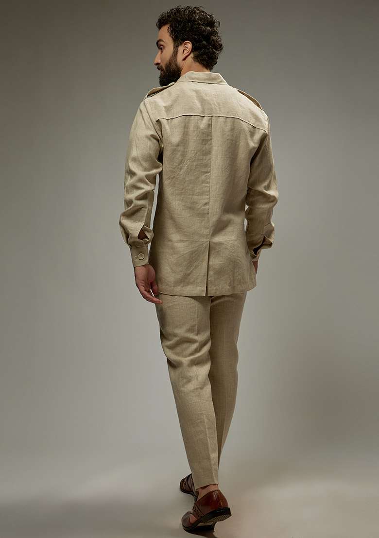 Ivory Linen Co-Ord Set For Men - Indya