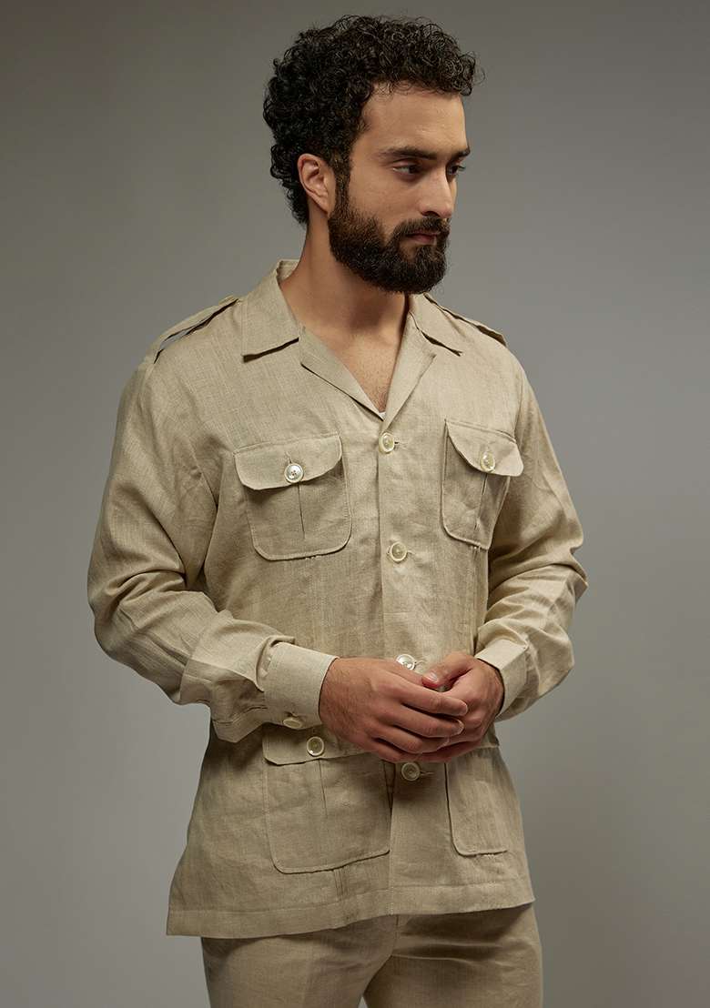 Ivory Linen Co-Ord Set For Men - Indya