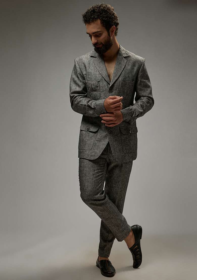 Ash Grey Linen Co-Ord Set For Men - Indya