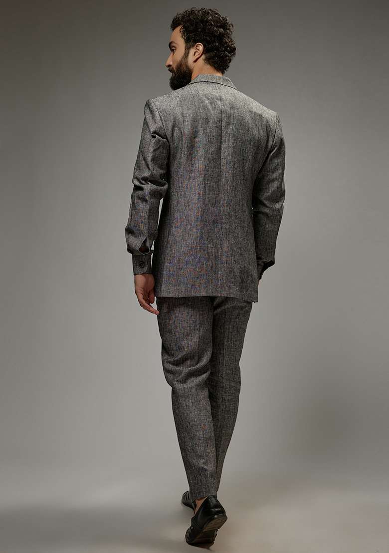 Ash Grey Linen Co-Ord Set For Men - Indya