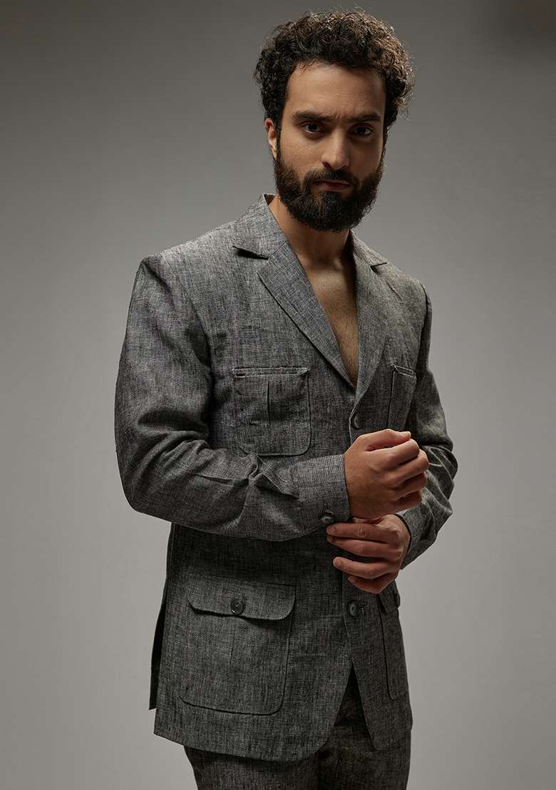 Ash Grey Linen Co-Ord Set For Men - Indya