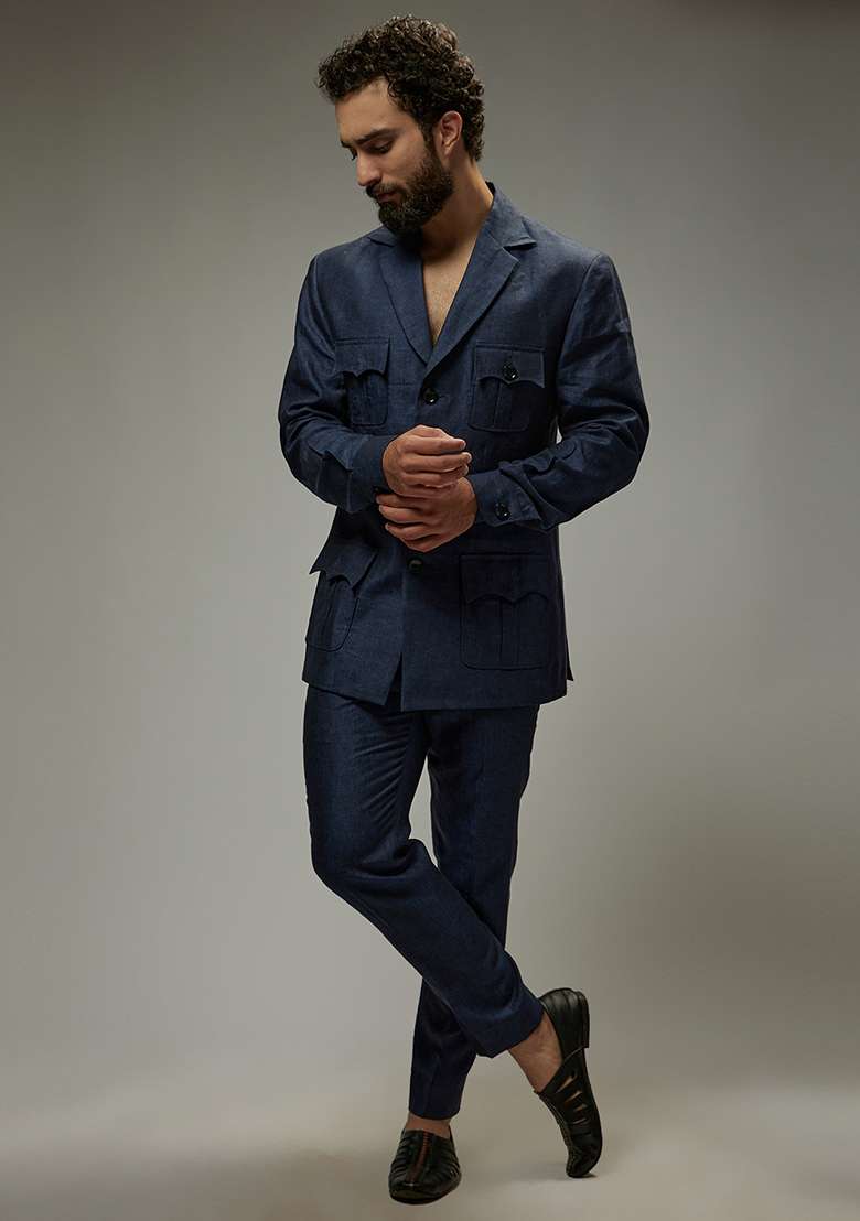 Navy Blue Linen Co-Ord Set For Men - Indya