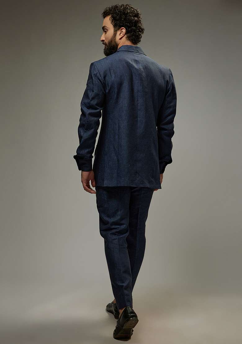 Navy Blue Linen Co-Ord Set For Men - Indya