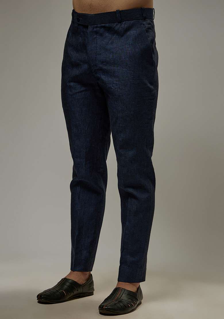 Navy Blue Linen Co-Ord Set For Men - Indya