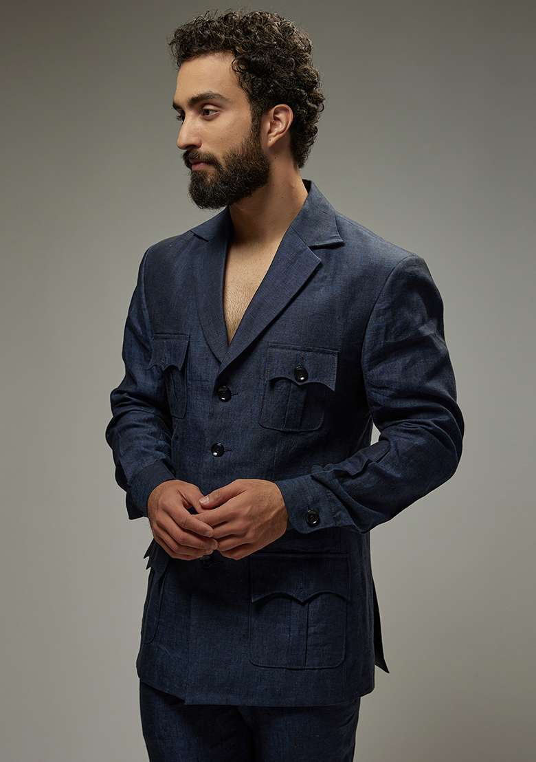 Navy Blue Linen Co-Ord Set For Men - Indya