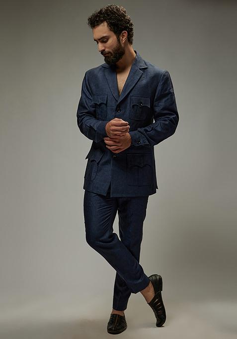 Navy Blue Linen Co-Ord Set For Men