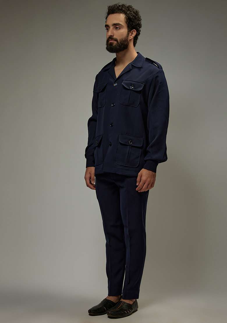 Navy Blue Rayon Co-Ord Set For Men - Indya