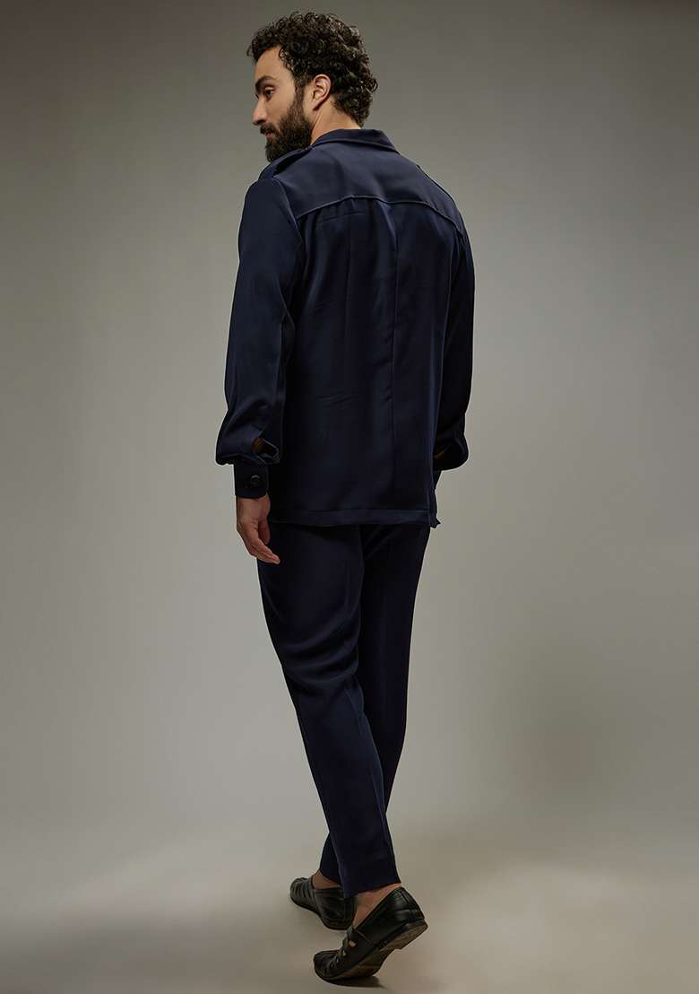 Navy Blue Rayon Co-Ord Set For Men - Indya