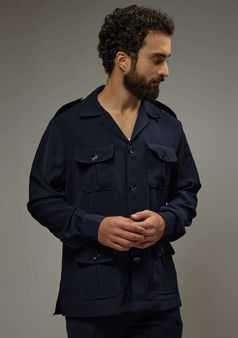 Navy Blue Rayon Co-Ord Set For Men - Indya