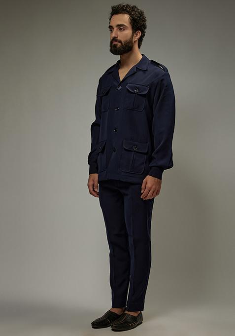 Navy Blue Rayon Co-Ord Set For Men