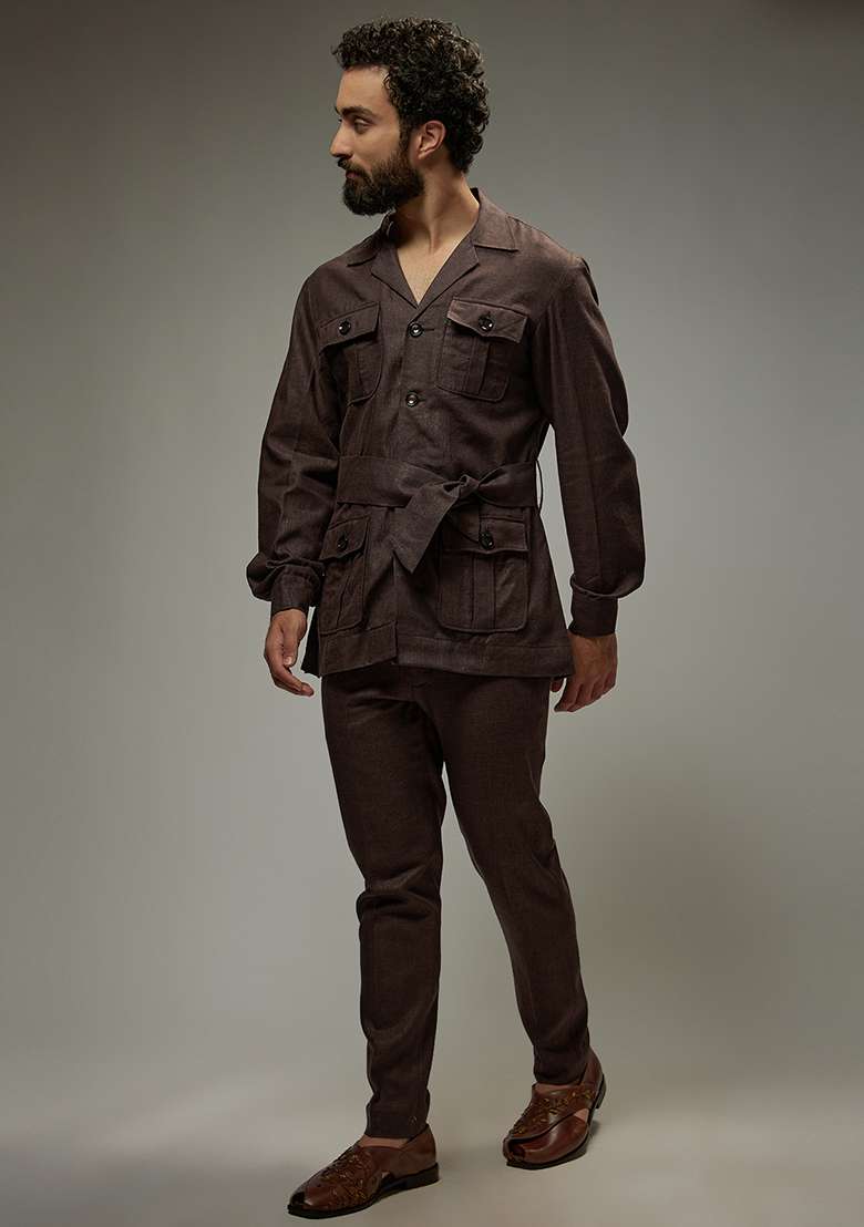 Brown Linen Co-Ord Set For Men - Indya