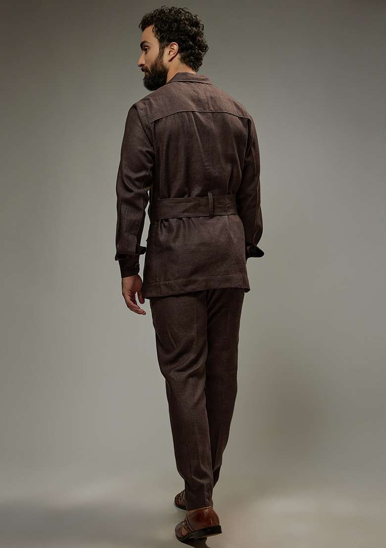 Brown Linen Co-Ord Set For Men - Indya