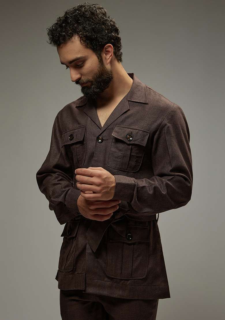 Brown Linen Co-Ord Set For Men - Indya