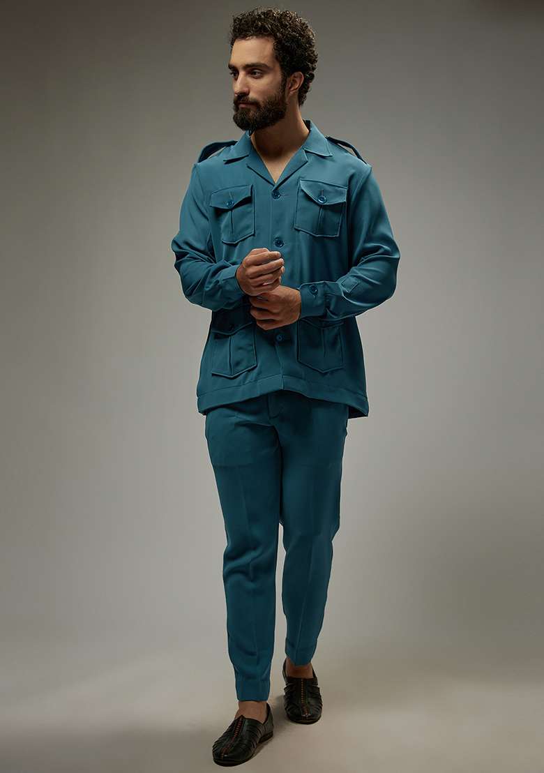Turquoise Rayon Zipper Co-Ord Set For Men - Indya