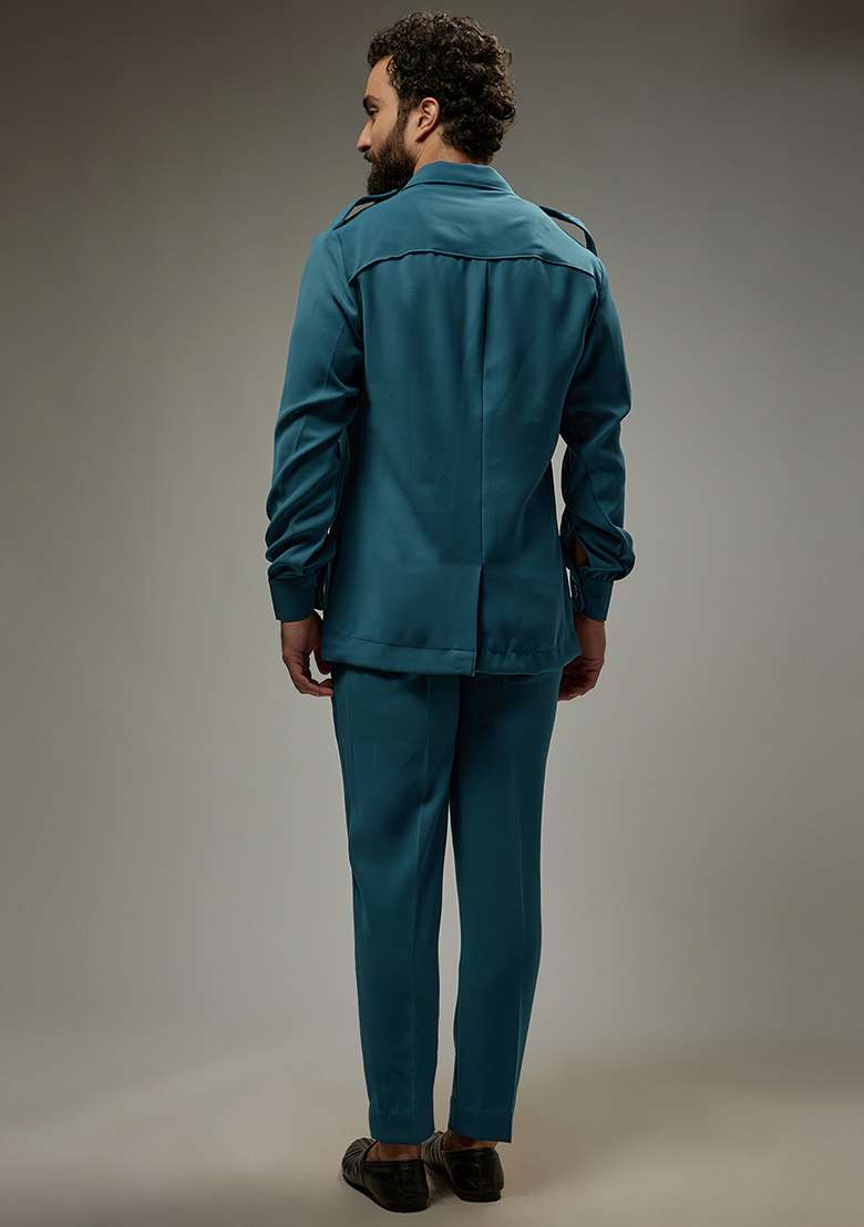 Turquoise Rayon Zipper Co-Ord Set For Men - Indya