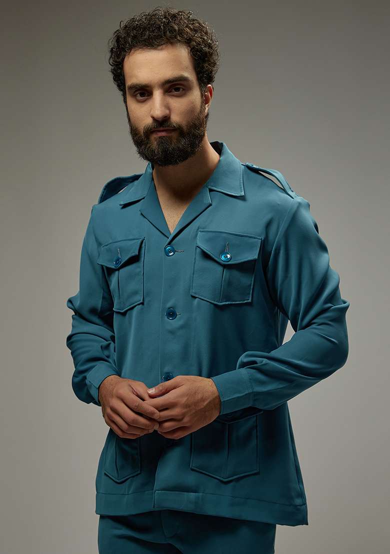 Turquoise Rayon Zipper Co-Ord Set For Men - Indya