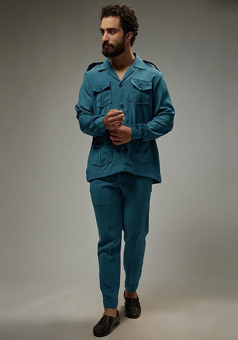 Turquoise Rayon Zipper Co-Ord Set For Men