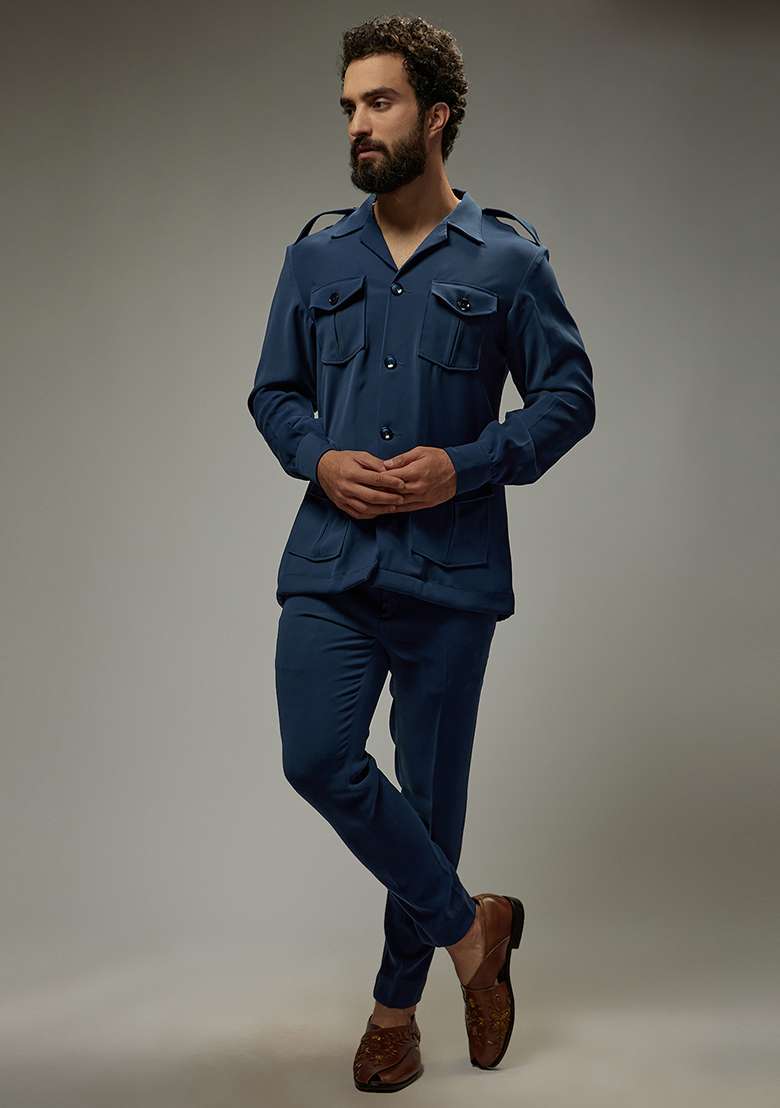 Electric Blue Rayon Zipper Co-Ord Set For Men - Indya
