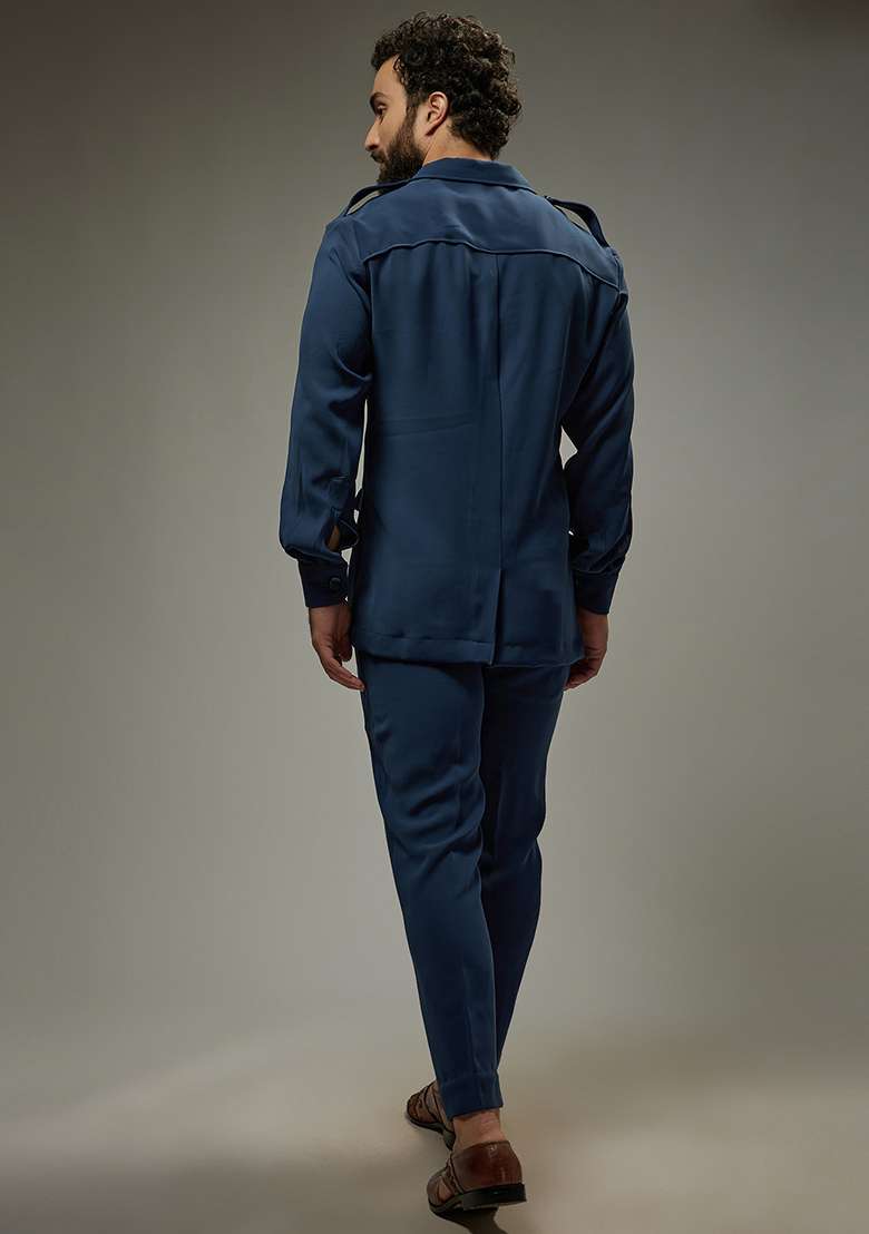 Electric Blue Rayon Zipper Co-Ord Set For Men - Indya