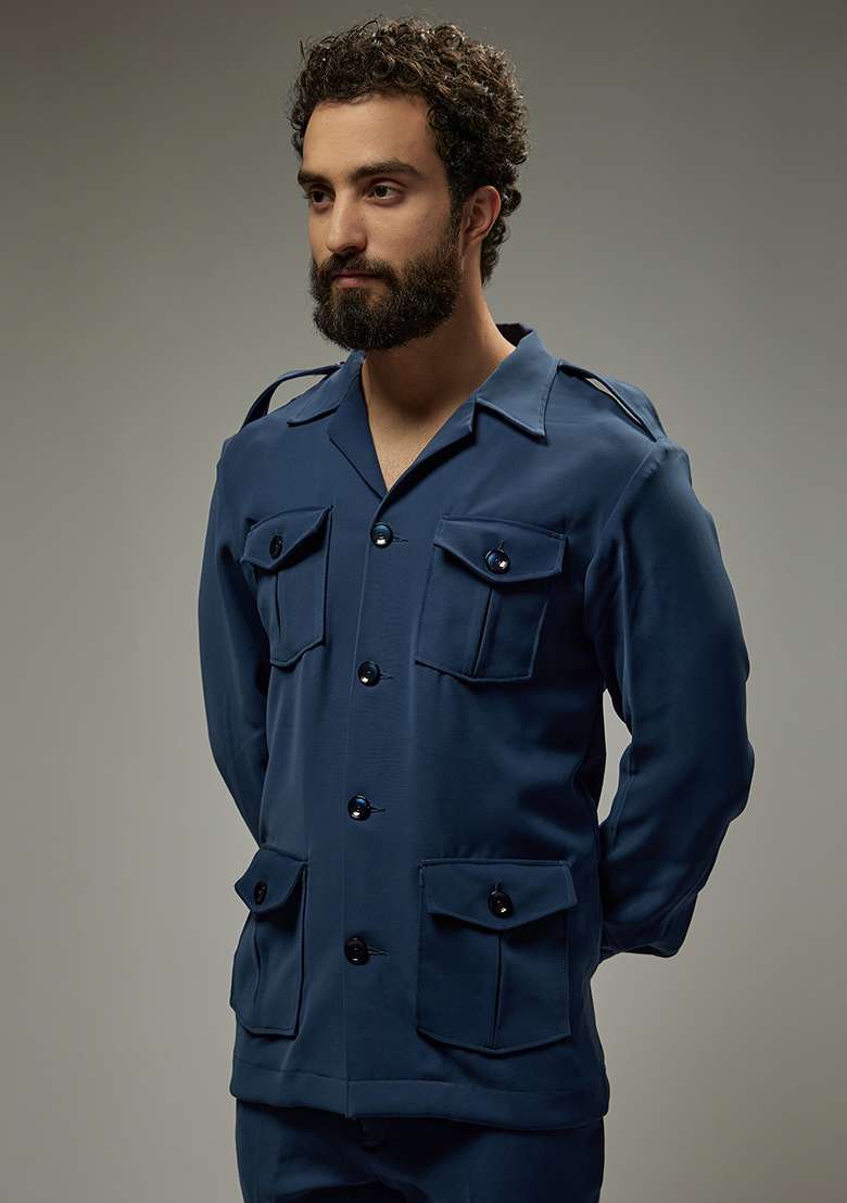 Electric Blue Rayon Zipper Co-Ord Set For Men - Indya