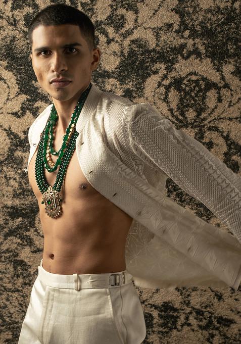 Ivory Embroidered Satin Linen Shirt Set For Men