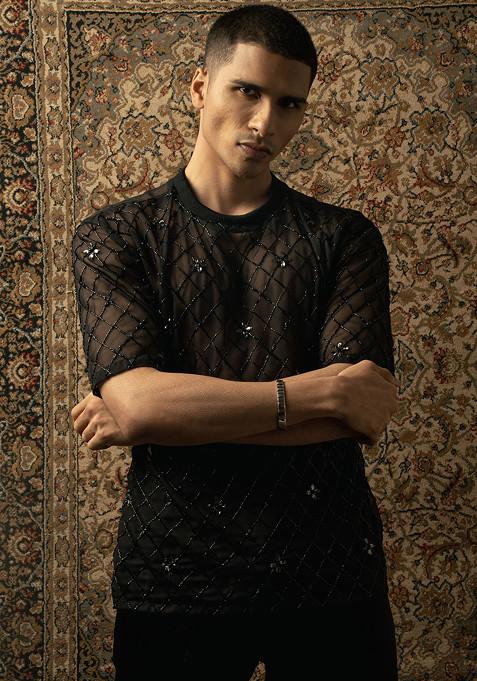 Black Embroidered Silk T-Shirt And Pants Set For Men