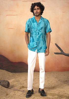 Blue Printed Cotton Satin Shirt And Pants Set For Men