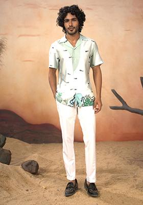 Sea Green Printed Cotton Satin Shirt And Pants Set For Men