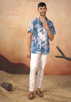 Blue Printed Cotton Satin Shirt And Pants Set For Men