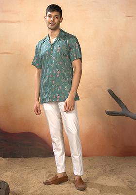 Green Printed Cotton Satin Shirt And Pants Set For Men