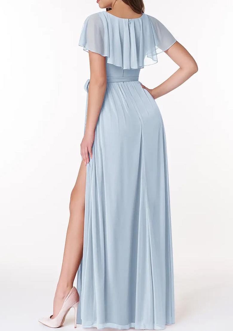Sky Blue A-Line V-Neck Chiffon Gown