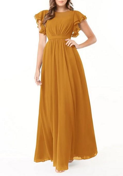 Mustard A-Line Ruffled Chiffon Gown