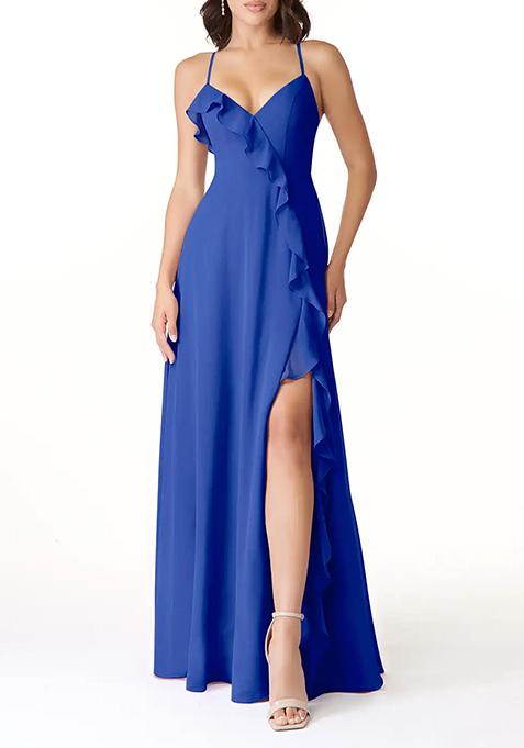 Royal Blue Flowy V-Neck Chiffon Gown