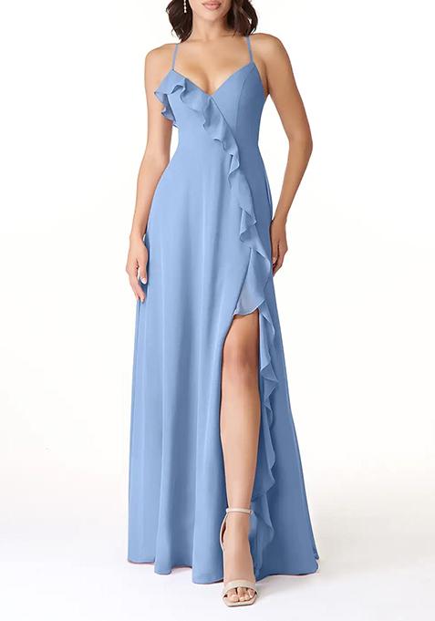 Steel Blue Flowy V-Neck Chiffon Gown