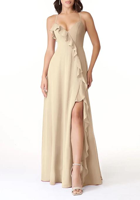 Cream Flowy V-Neck Chiffon Gown