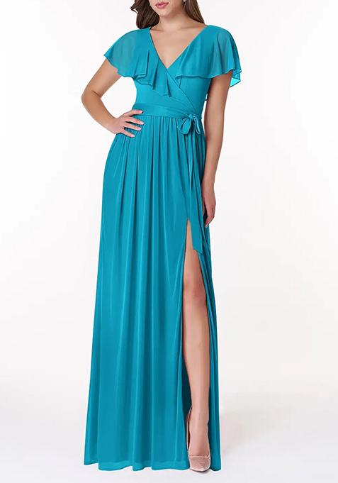 Blue A-Line V-Neck Chiffon Gown