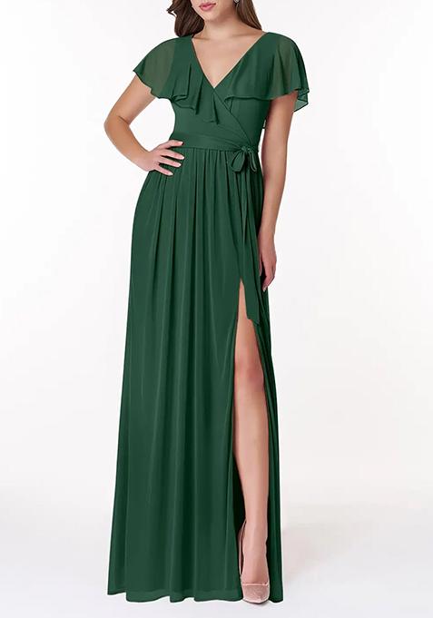 Dark Green A-Line V-Neck Chiffon Gown