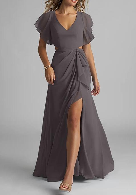 Steel Grey Flowy Ruched Chiffon Gown