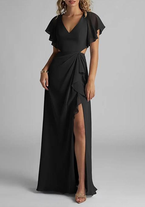 Black Flowy Ruched Chiffon Gown