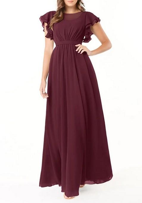 Purple A-Line Ruffled Chiffon Gown